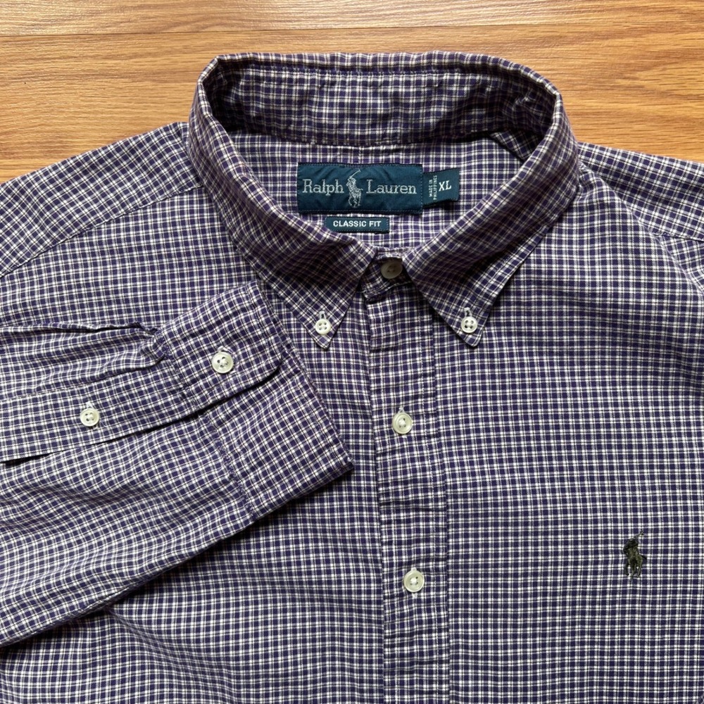 Polo Ralph Lauren Shirt Mens XL Classic Fit Purple White Gingham Check Cotton